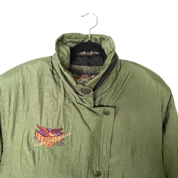 Winlit Vintage Statement Green Embroidered Puffer Jacket Duck Down Women's Large - Picture 2 of 16